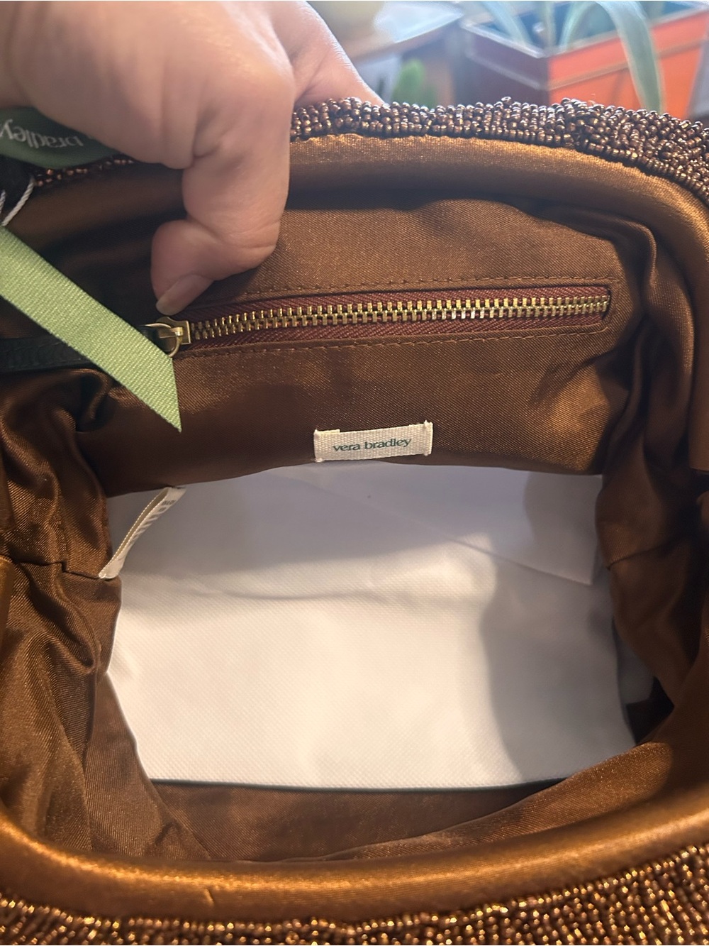 Vera Bradley Bronze Beaded Dumpling Bag with Green Ribbon